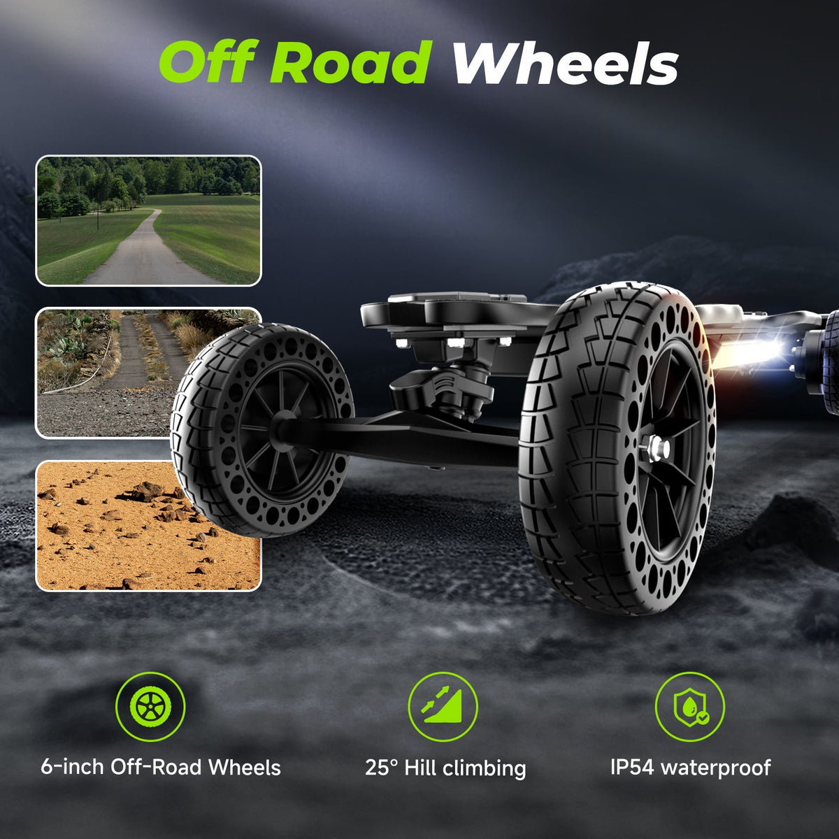 Close-up of the isinwheel V10 underside showing the battery enclosure, RGB ambient light strip, dual belt-drive motor mounts, and 6-inch off-road honeycomb wheels
