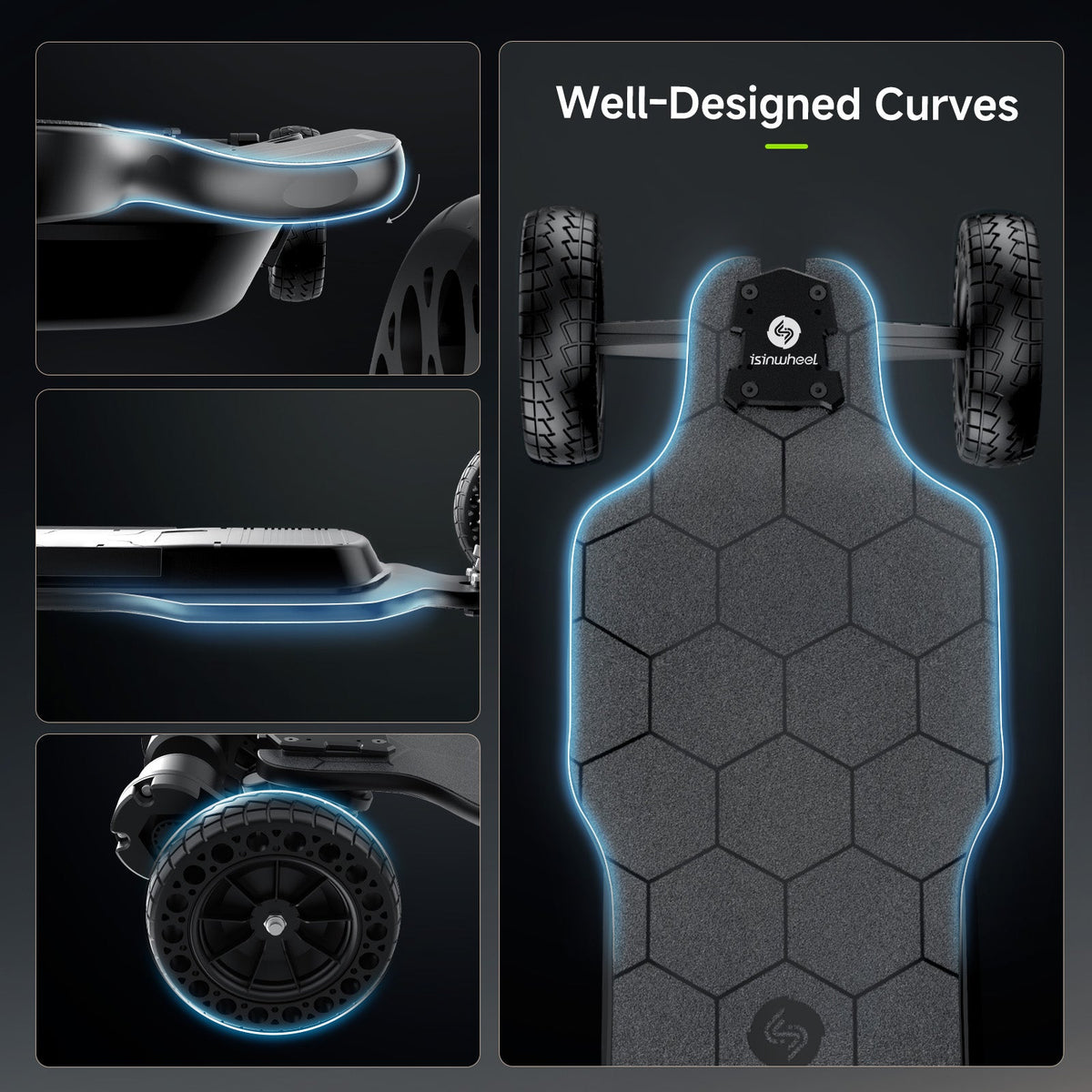 Side profile of the isinwheel V10 off-road electric skateboard showing the deck shape, the truck mounts, the RGB ambient light strips, and the 6-inch honeycomb wheels