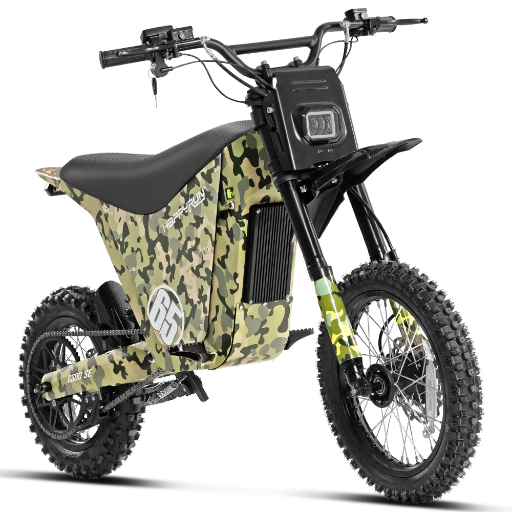 HappyRun G300 SE Mini mid-drive off-road electric dirt bike: 4500W peak mid-drive motor, 36 mph top speed, 1248Wh battery, hydraulic disc brakes with 190mm rotors, full suspension, 29-inch seat, 3'11" to 6'1" rider range, IPX5, carbon steel frame