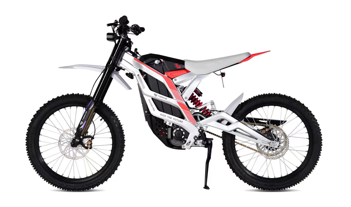 79BIKE Falcon Pro in Silver Metallic with red graphics, left-side product view
