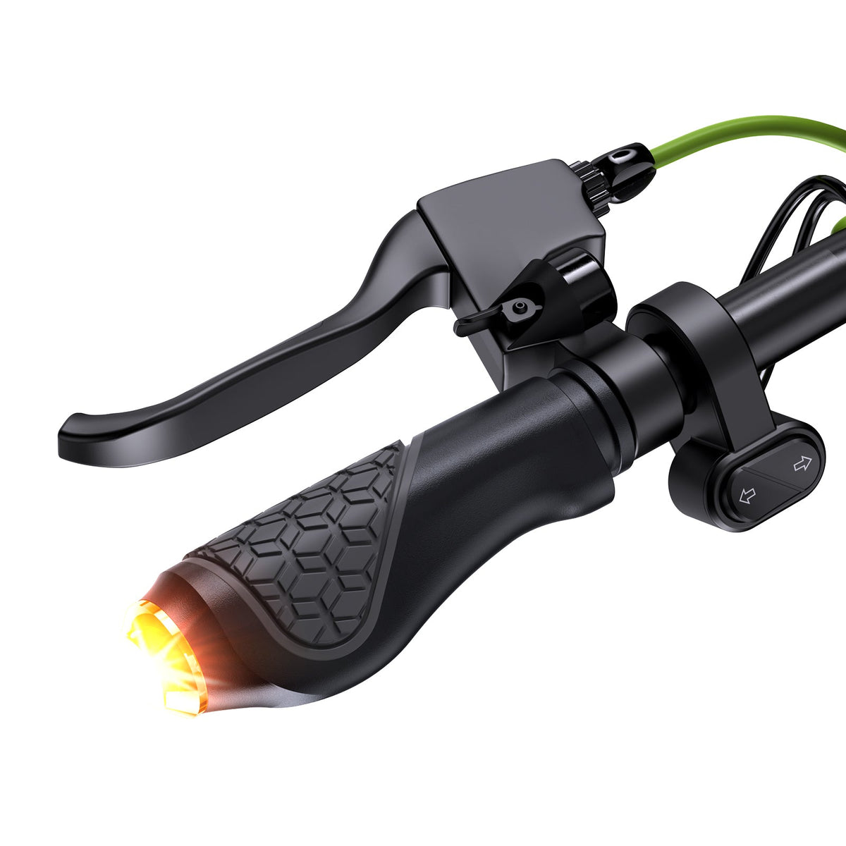Left handlebar of the S10Max with brake lever, turn-signal switch, grip, and amber indicator