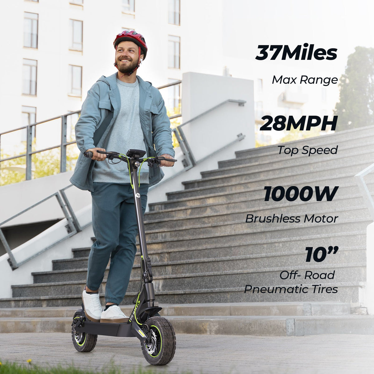 Helmeted commuter riding the S10Max on a city walkway beside a 37-mile range and 28 mph feature summary