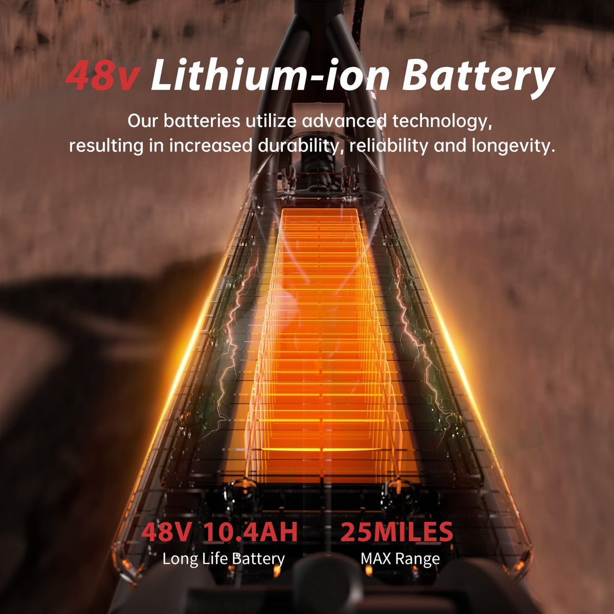 iScooter W8 battery graphic showing the 48V 10.4Ah label and 25 mile range claim under the deck.