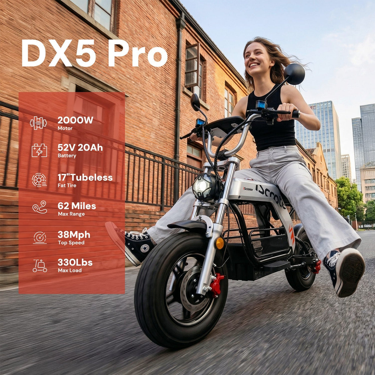 Rider sitting on the iScooter DX5Pro near city buildings with callouts for 2000W motor, 52V 20Ah battery, 62 mile range claim, and 330 lb load.