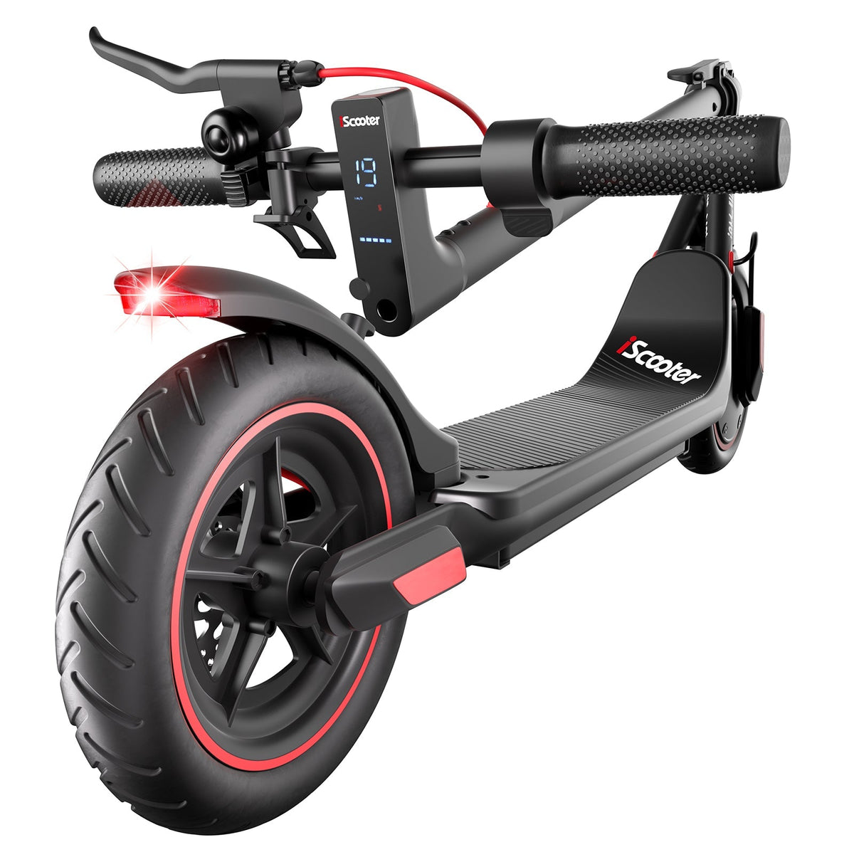 iScooter i8M 350W folding commuter electric scooter with front-wheel drive, 8.5-inch pneumatic tires, rear disc brake plus EBAS electronic anti-lock, three ride modes (6, 12, and 19 mph), folding aluminum frame, 27.7 lb folded weight, LED display, and integrated front and rear LED lighting