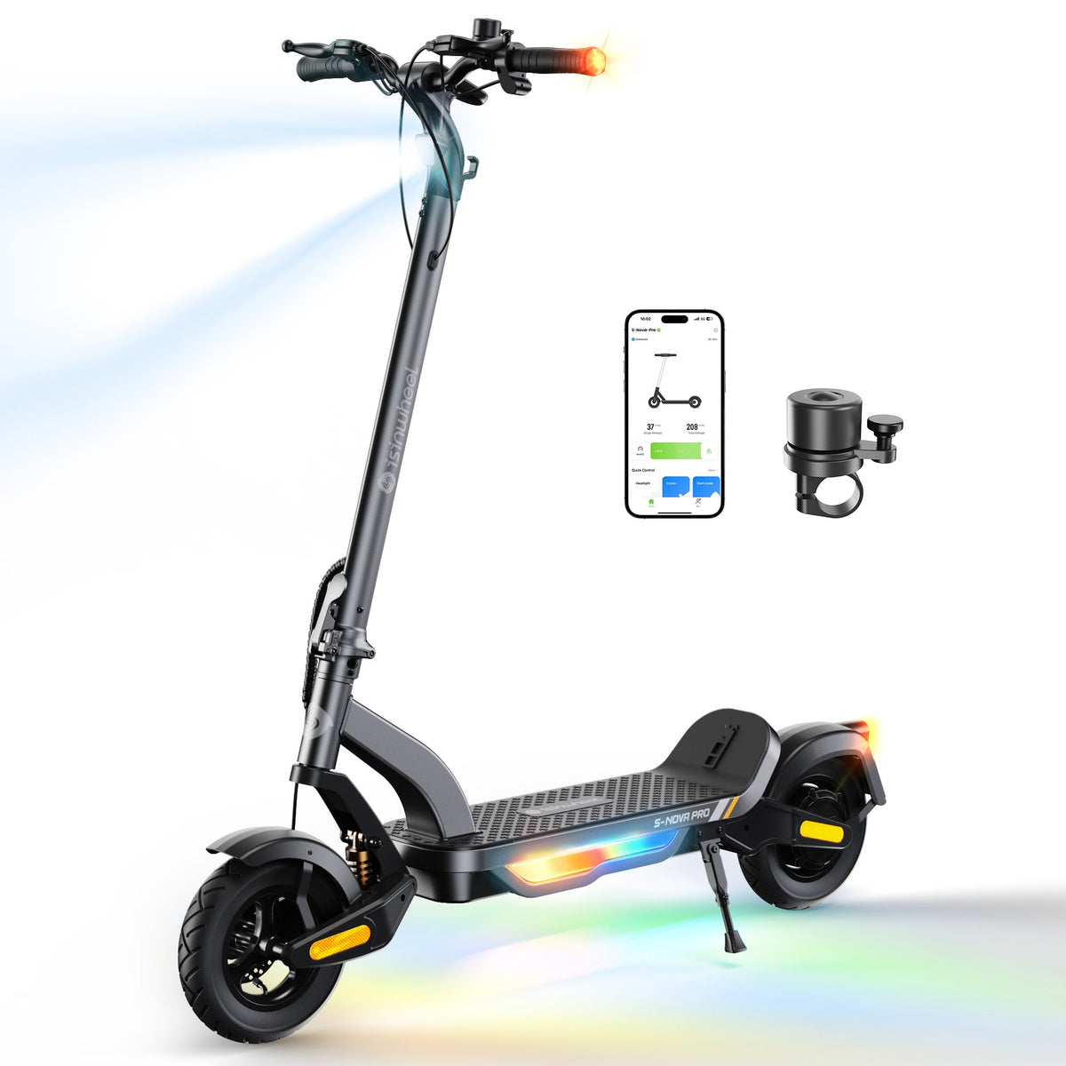 Gray S Nova Pro shown with its included AirTag-compatible handlebar bell accessory beside the isinwheel Club app screen