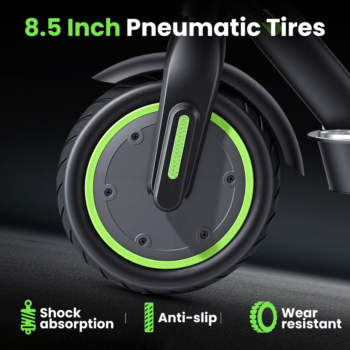 isinwheel S9 Pro 8.5-inch pneumatic tire feature graphic with shock absorption, anti-slip, and wear-resistant call-outs