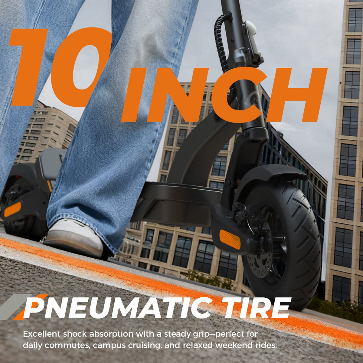 S Nova Pro 10-inch pneumatic tire feature graphic with a rider stepping aboard on a striped urban street next to tall buildings