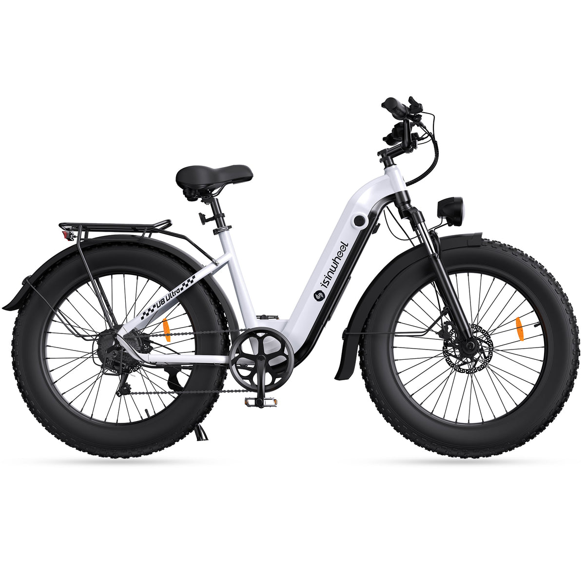 isinwheel U8 Ultra spec graphic with 1500W peak motor, 105 mile range claim, 28 mph speed, 26x4 tires, 48V 18Ah battery, and 330 lb load.
