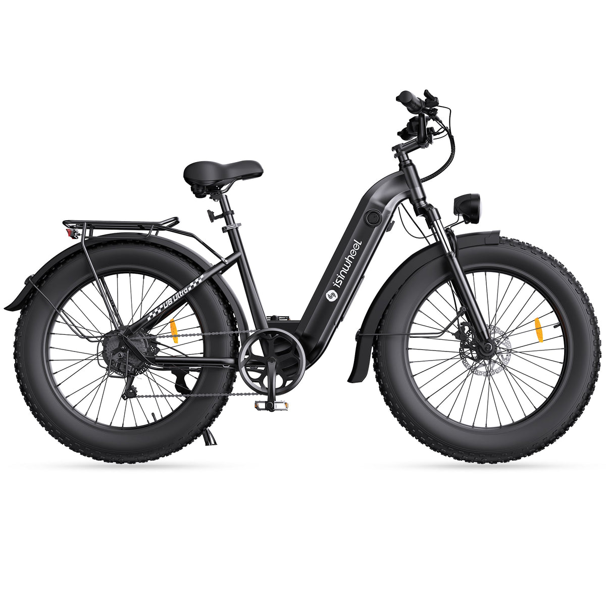 White isinwheel U8 Ultra step-thru fat-tire e-bike side profile with rear rack, front suspension, fenders, and 26 by 4 inch tires.