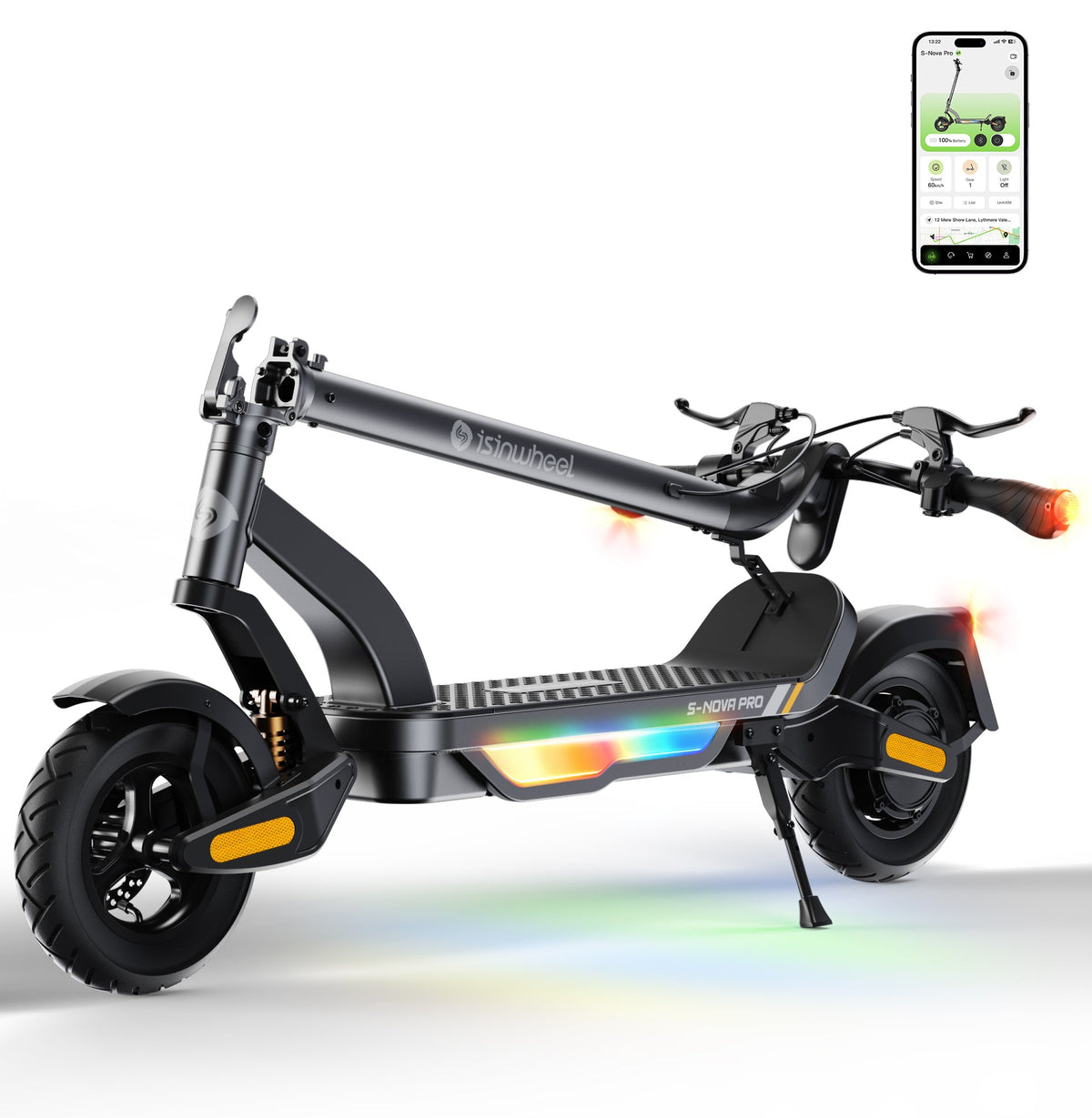 Folded gray isinwheel S Nova Pro resting on its kickstand with the stem folded along the deck, beside the isinwheel Club app screen