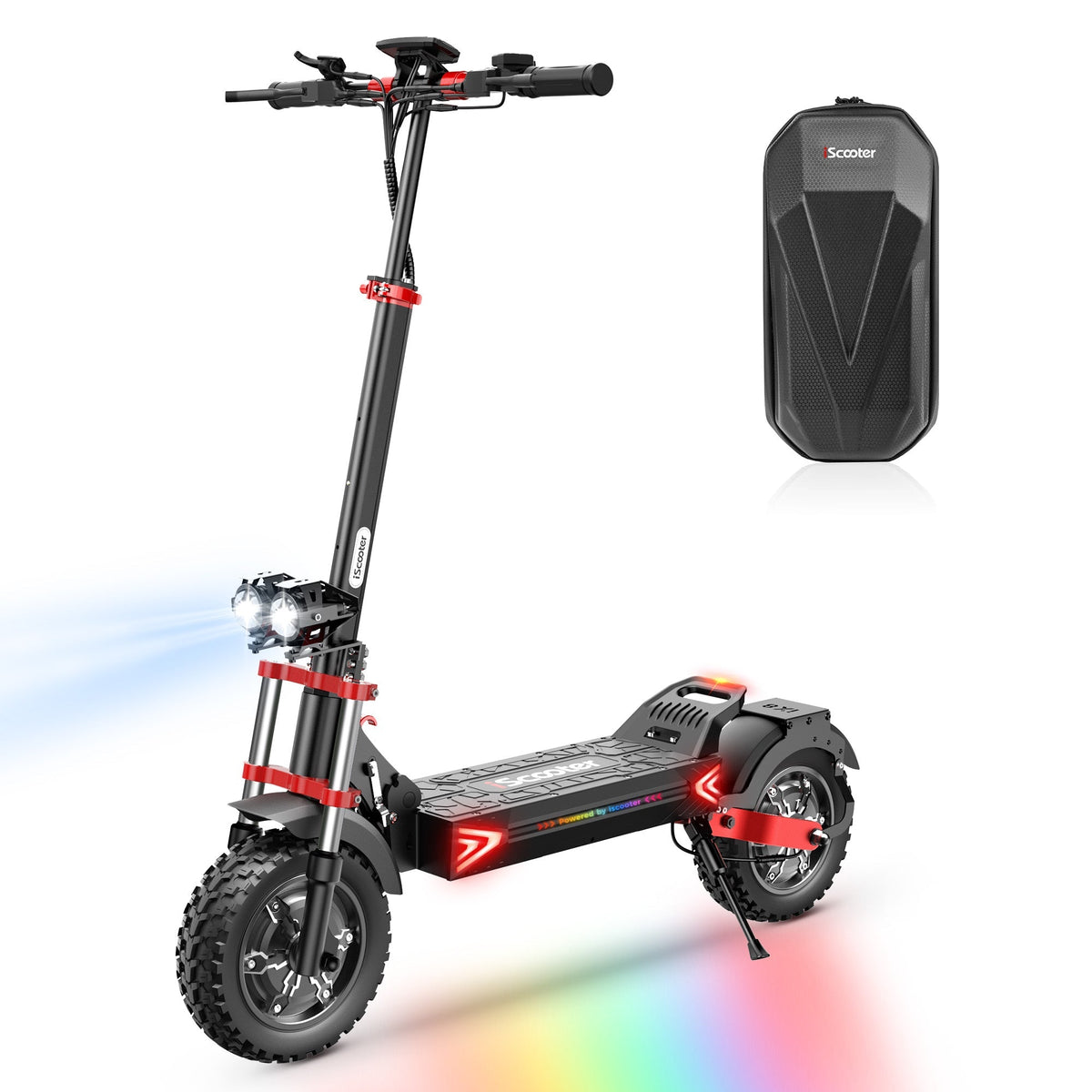 iScooter iX8 off-road dual-motor electric scooter with 12-inch off-road pneumatic tires, dual front and rear suspension, dual hydraulic disc brakes with EBAS rear anti-lock, full-color LCD, and a 38 mph top-speed claim