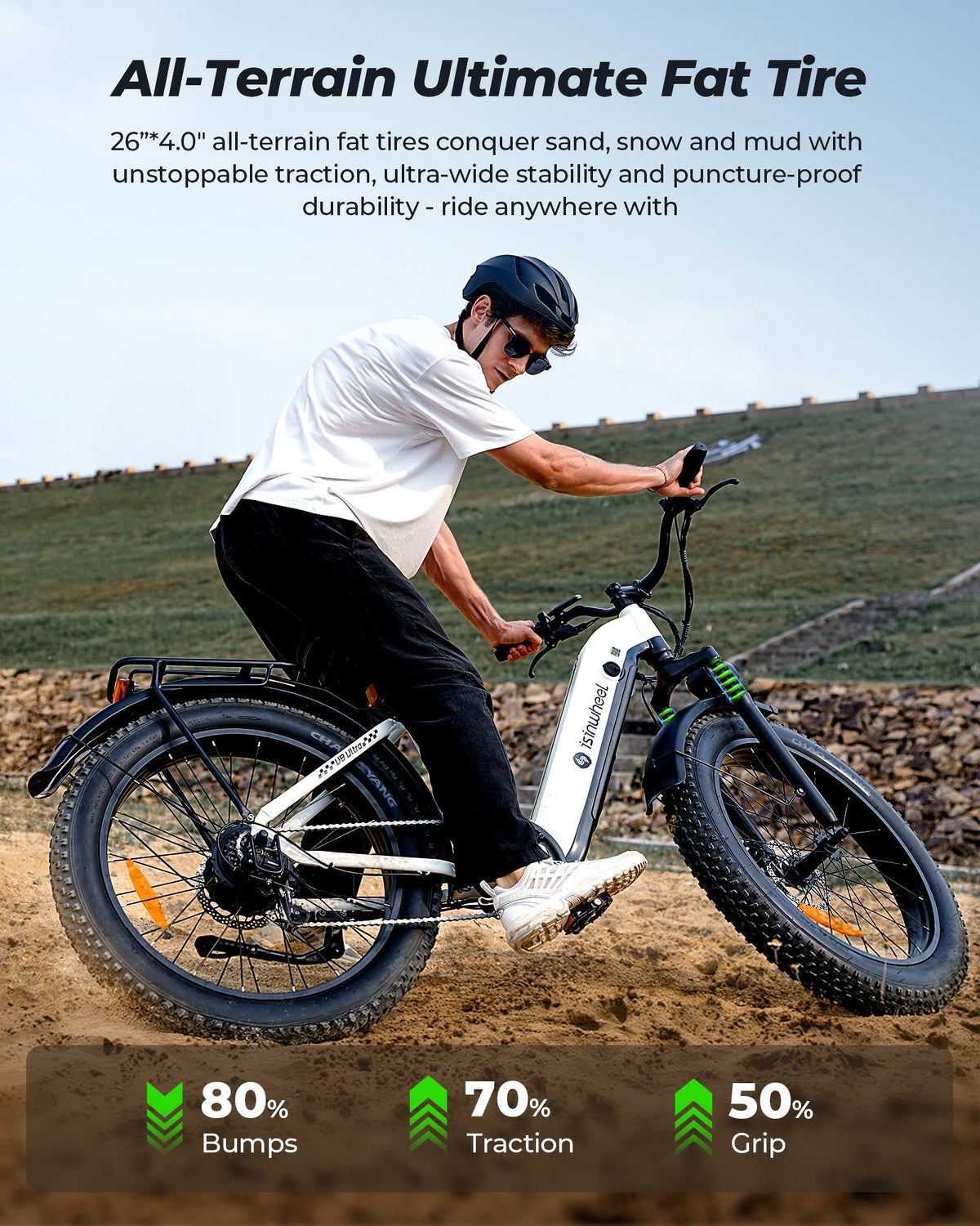 Rider on the isinwheel U8 Ultra over uneven ground, showing the fat tires, step-thru frame, front suspension, and hill-ready stance.