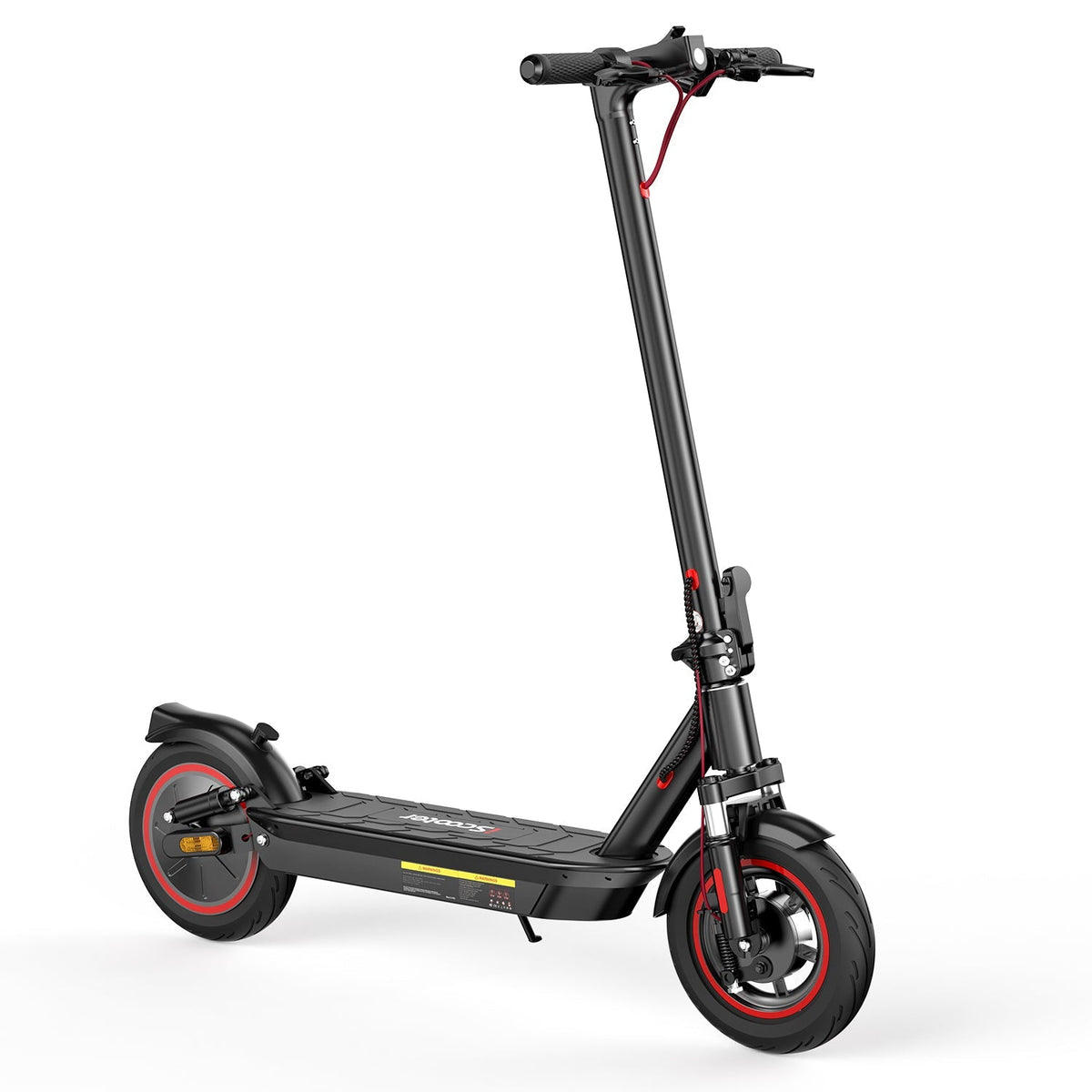 iScooter i10 mid-tier folding commuter electric scooter: 42V peak 650W brushless motor, 25 mph, 4 speed modes, 10-inch pneumatic tires, EBAS front brake plus rear disc, front and rear suspension, IP54, iScooter app, 44 lb net, 264 lb max load