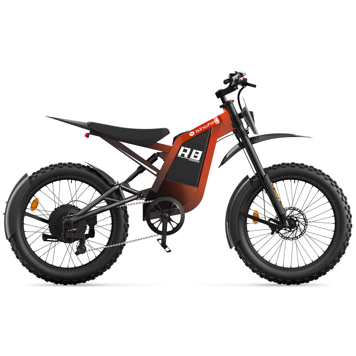 Fiery orange isinwheel R8 side profile showing the long saddle, rear hub motor, pedals, front fork, and spoke wheels.