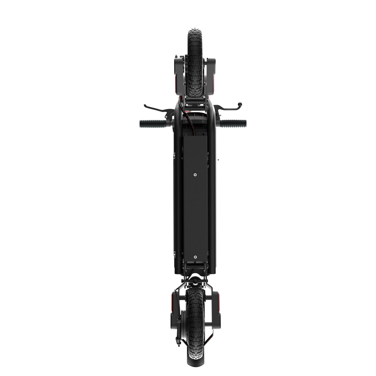 Top-down view of the folded iScooter W8 showing handlebar width, deck length, wheels, and compact folded footprint.
