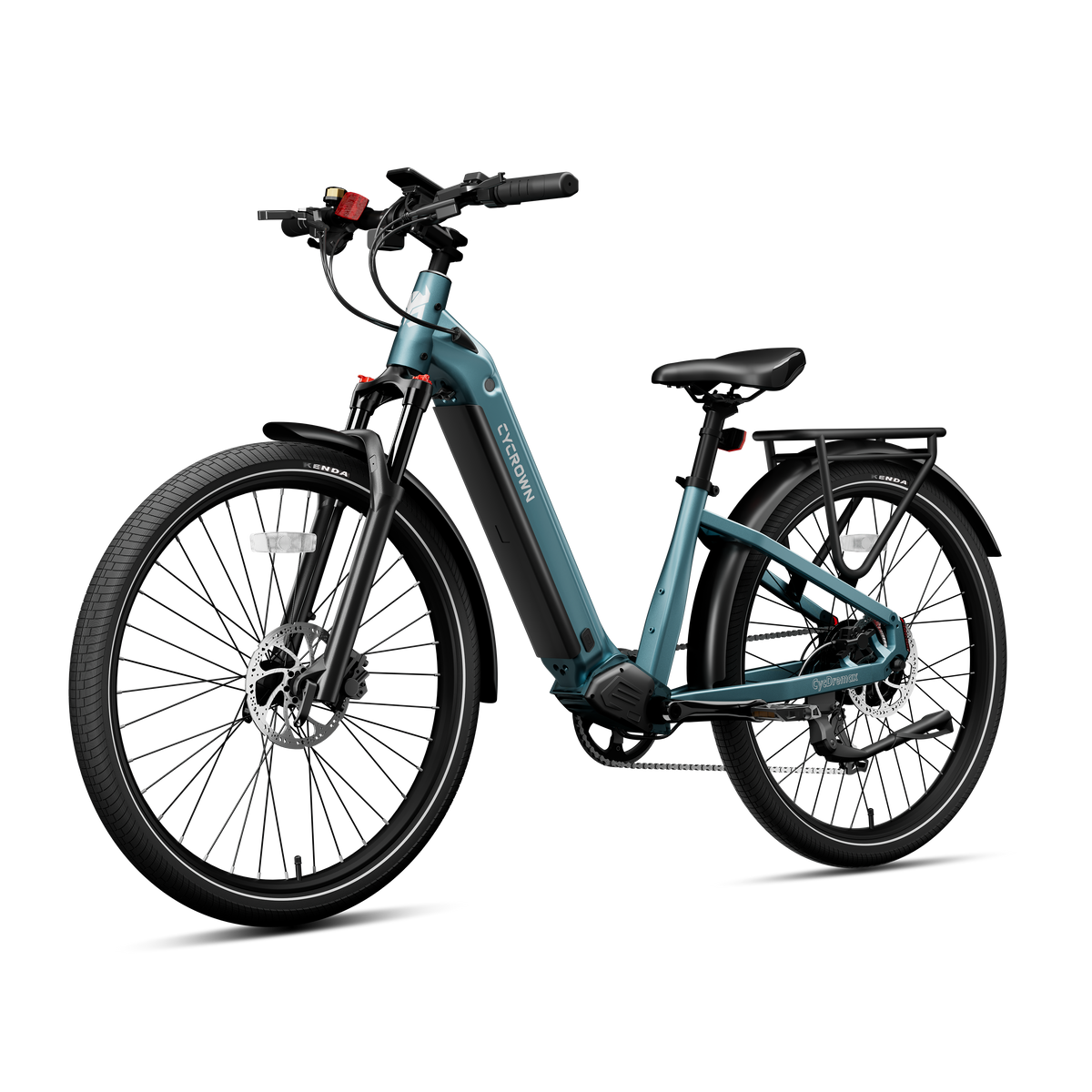 Urban teal Dremax step-through e-bike in a front three-quarter studio view.