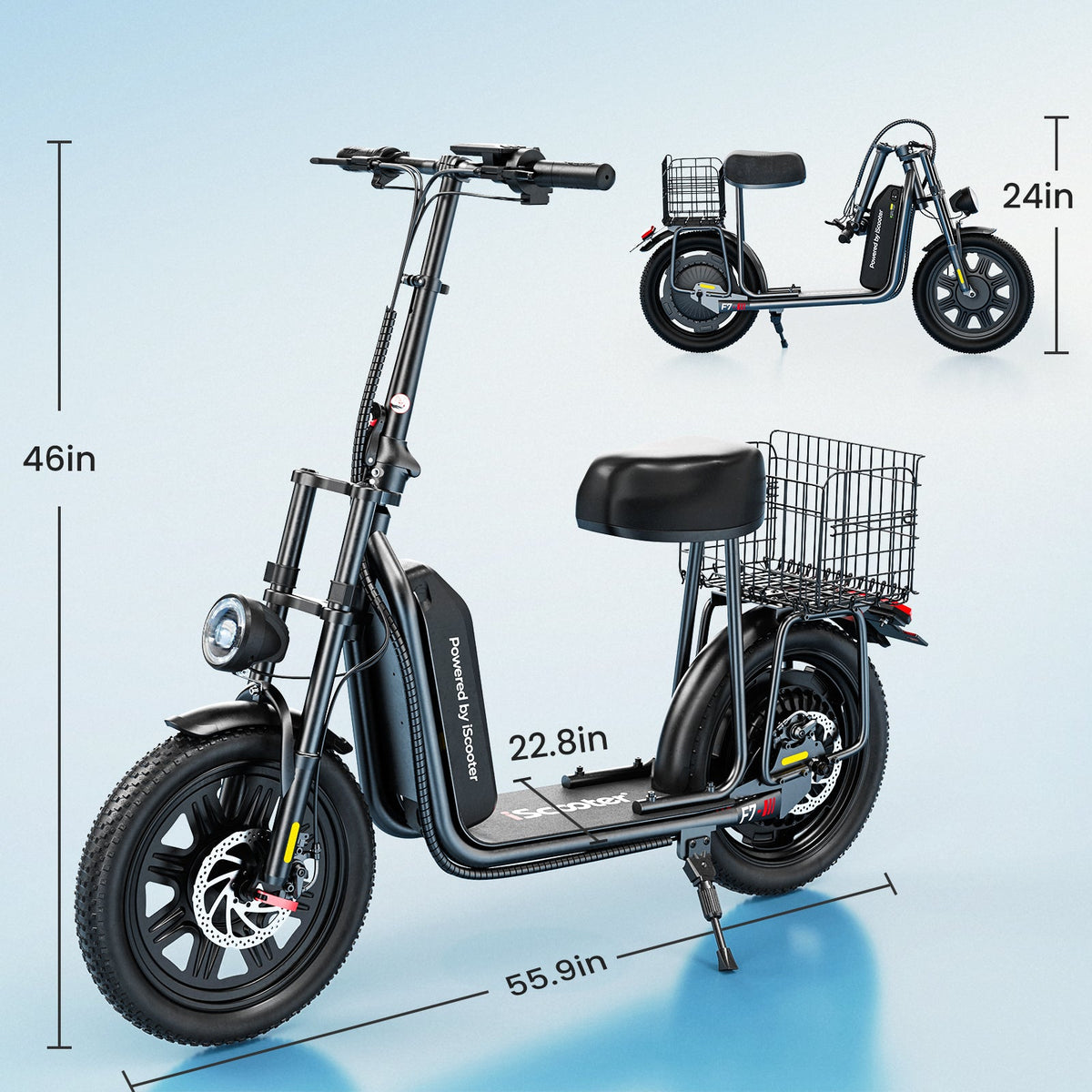 iScooter F7 1000W seated commuter electric scooter with adjustable saddle, dual disc brakes plus electric braking, front and rear dual suspension, foldable aluminum frame, and turn-signal lighting on a 28 mph paved-road commuter platform