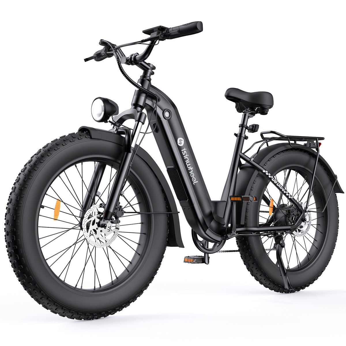 Black isinwheel U8 Ultra step-thru fat-tire e-bike in studio with front suspension fork, rear rack, fenders, and LCD display.