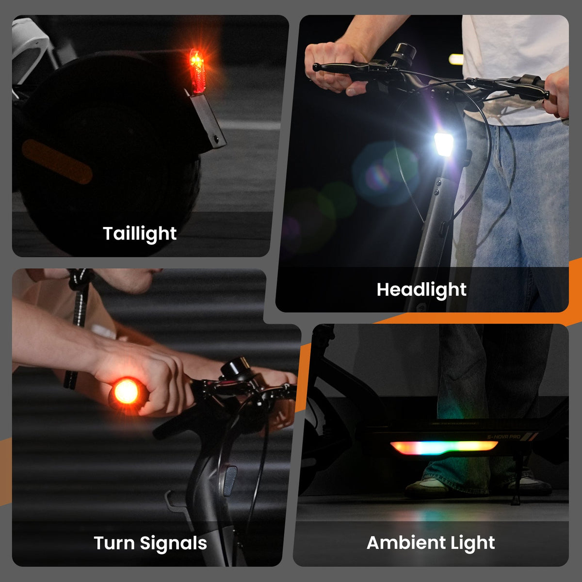 Four-panel S Nova Pro lighting feature graphic with the taillight, headlight, handlebar turn signals, and RGB ambient deck light shown at night
