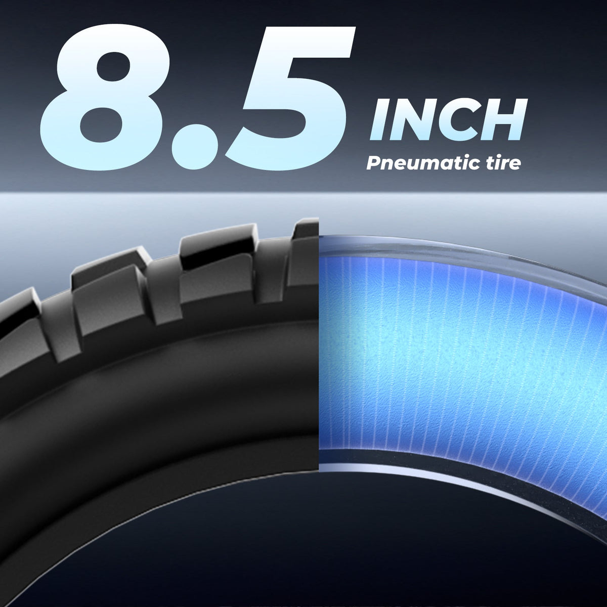 S Nova 8.5-inch pneumatic tire feature graphic with a cross-section of the tread and inner air chamber