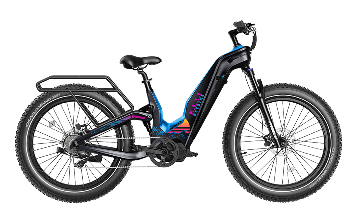Heybike Hero carbon-fiber full-suspension fat-tire electric mountain bike with two motor configurations (1000W rear hub or 750W mid-drive with torque sensor), step-thru or step-over frame geometry, Shimano 9-speed gearing, hydraulic disc brakes, and UL 2849 certified electrical system