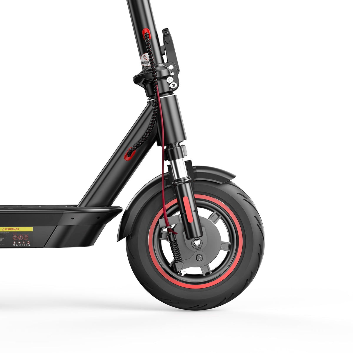 iScooter i10 mid-tier folding commuter electric scooter: 42V peak 650W brushless motor, 25 mph, 4 speed modes, 10-inch pneumatic tires, EBAS front brake plus rear disc, front and rear suspension, IP54, iScooter app, 44 lb net, 264 lb max load
