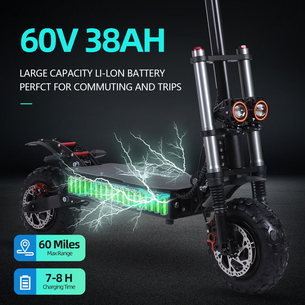 Freeboy J30 MAX battery enclosure graphic labeled 60V 38Ah on black scooter deck