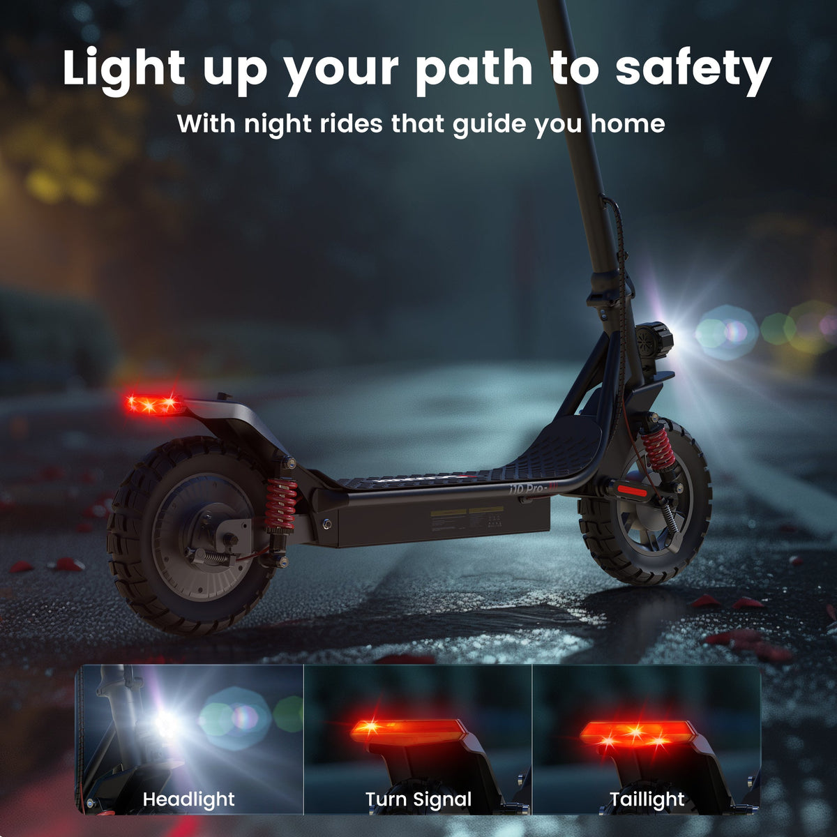 iScooter i10 Pro 800W folding commuter electric scooter: 48V peak 800W brushless rear-wheel-drive motor, 28 mph top speed, 720Wh battery, 10-inch pneumatic road tires, EBAS front plus double drum rear brakes, front and rear suspension, IP54, dedicated iScooter app, 53.9 lb folded