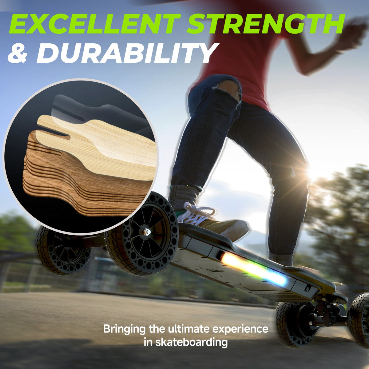 isinwheel V10 deck construction feature graphic showing the 10-layer cross-section (8 Canadian maple plus 1 bamboo plus 1 fiberglass) and a rider riding the V10 down a paved path