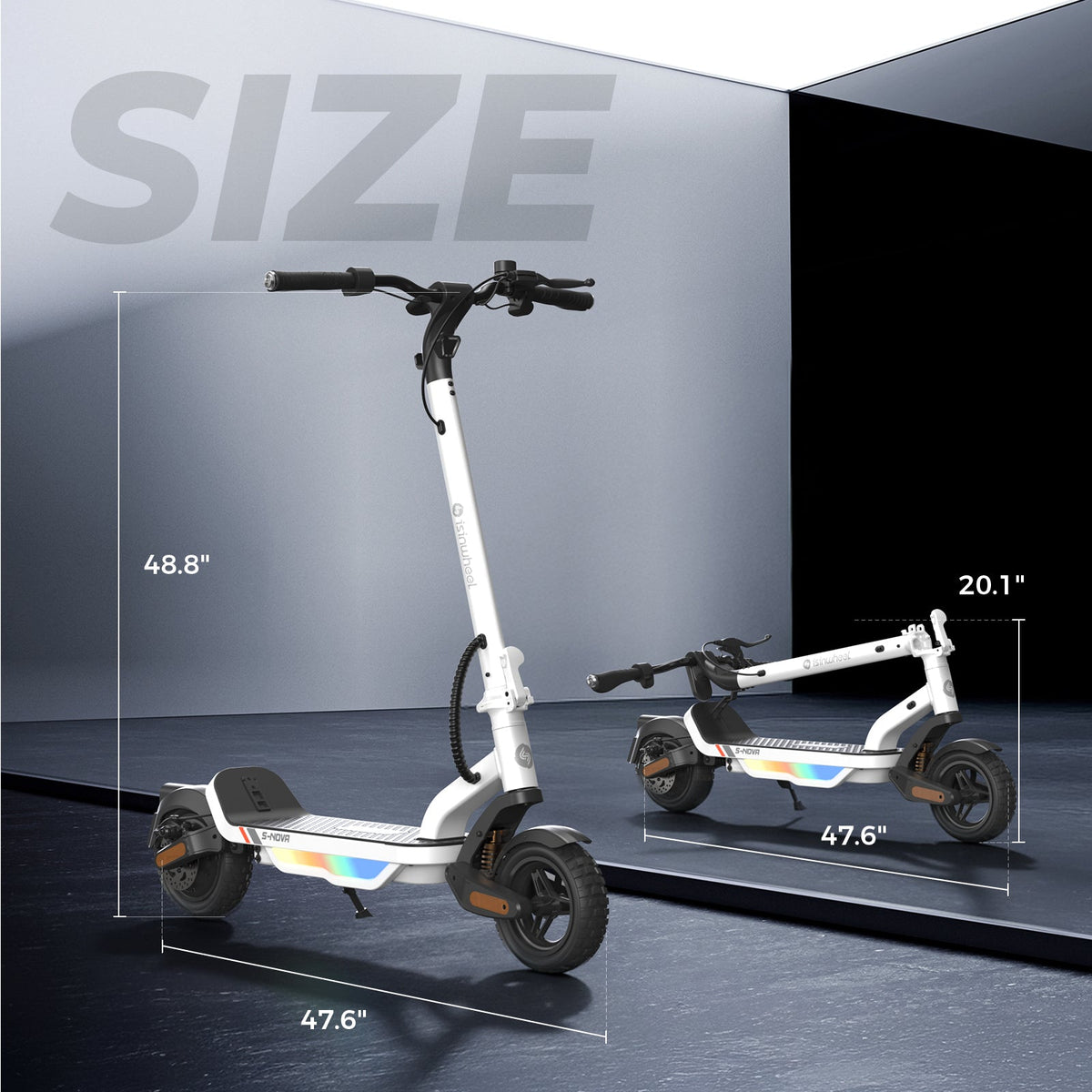 S Nova size feature graphic showing 47.6 inches unfolded length, 48.8 inches handlebar height, and a 20.1-inch folded height in a dark studio