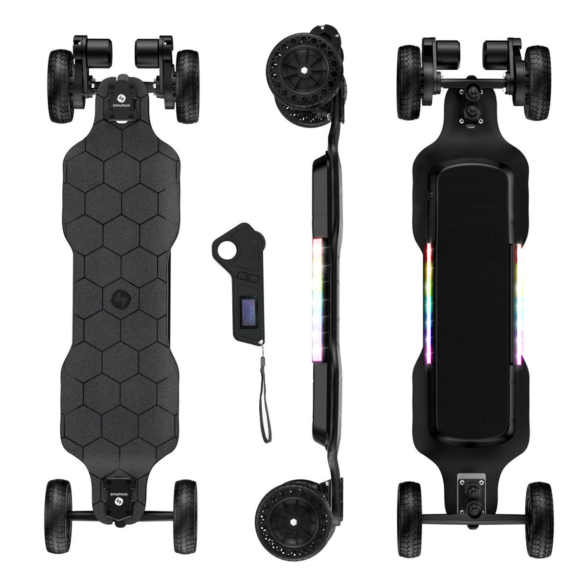 Multi-angle hero of the isinwheel V10 off-road electric skateboard showing the hex-grip top deck, side profile with RGB ambient light strips, bottom view with the battery and motor enclosure, and the 2.4 GHz OLED hand remote