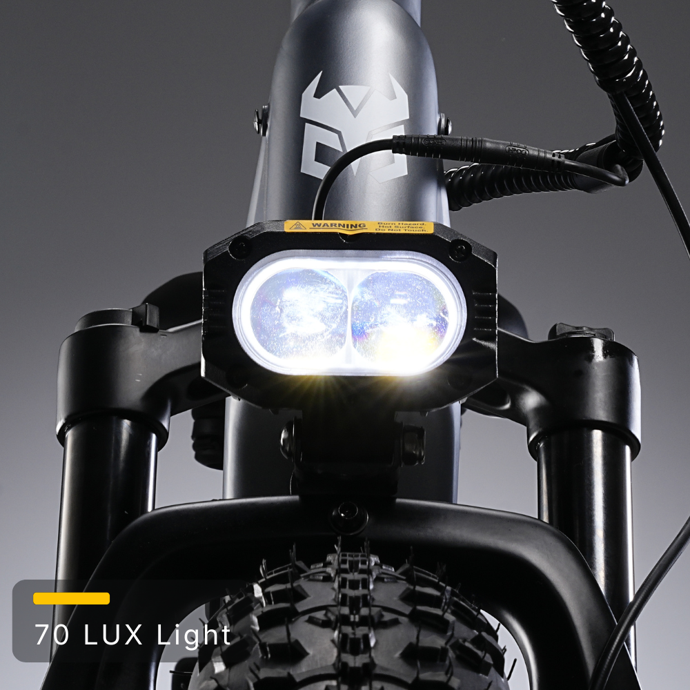 Nomad Pro 70 lux front headlight illuminated above the fat front tire.