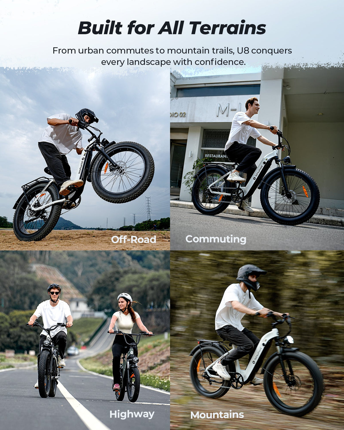 isinwheel U8 Ultra terrain collage showing the step-thru fat-tire e-bike on dirt paths, commuting routes, open roads, and mountain tracks.