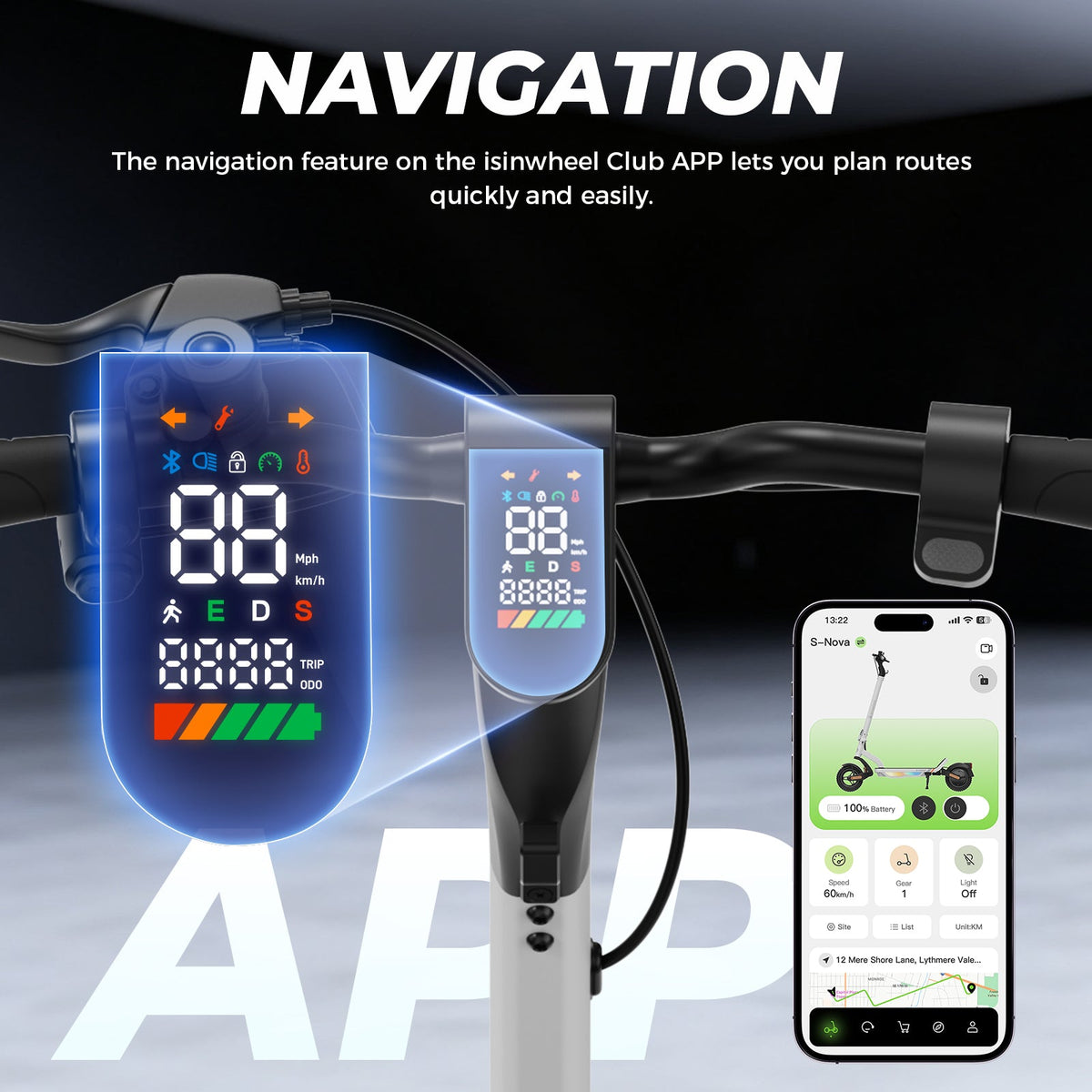 S Nova app and navigation feature graphic with a digital dashboard rendering and the isinwheel Club app on a phone
