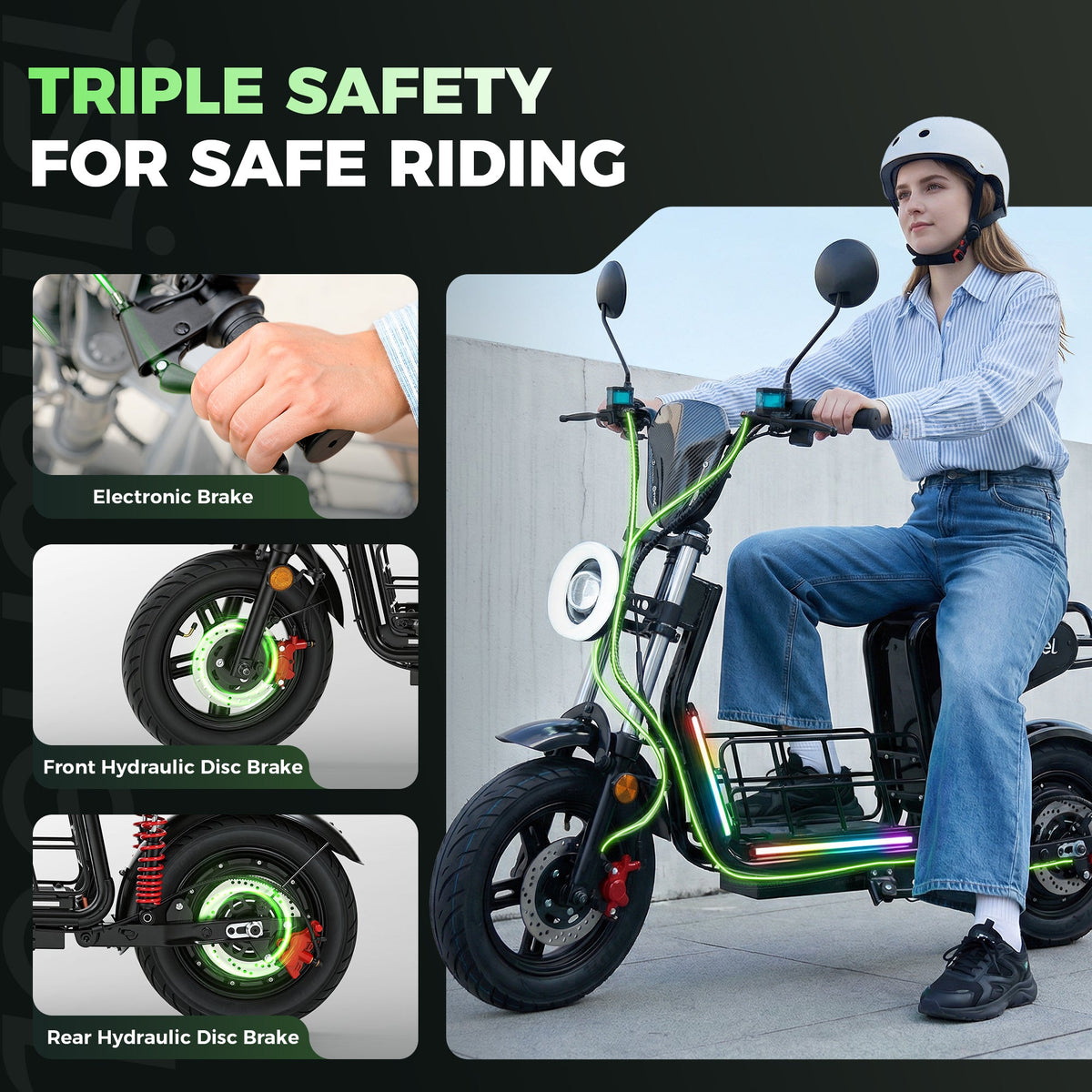 Helmeted rider seated on the H7 beside close-ups of the electronic brake and front and rear hydraulic disc brakes