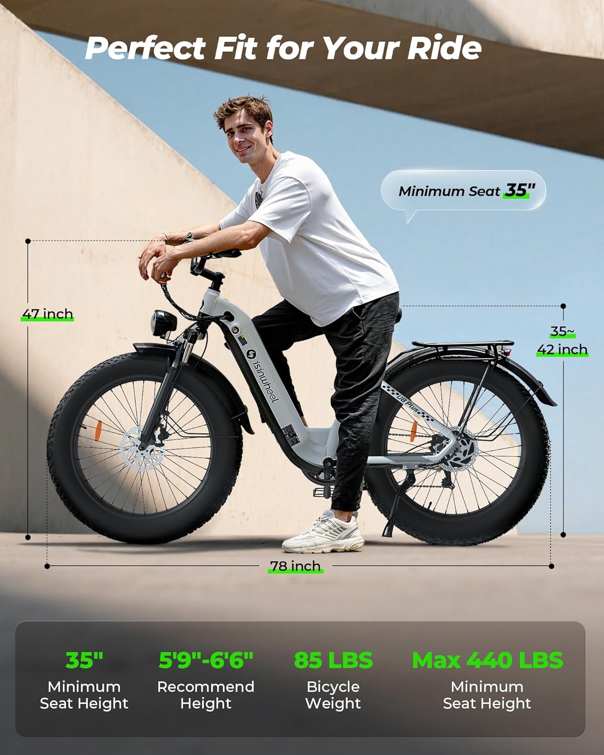Rider fit graphic for the isinwheel U8 Ultra showing frame dimensions, 35 inch minimum seat height, bike weight, and 330 lb max load.