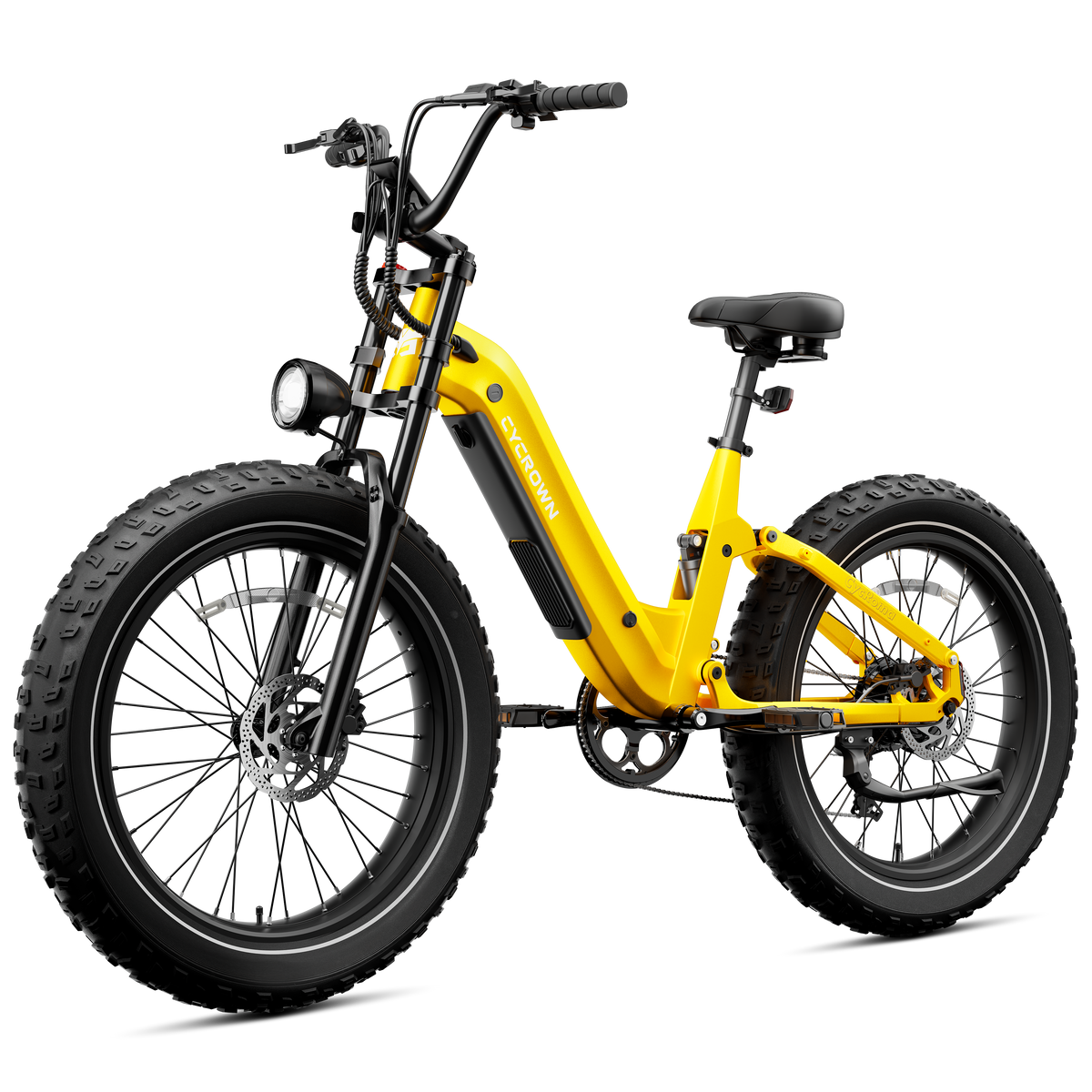 Amber yellow Roma step-through e-bike in a front three-quarter view