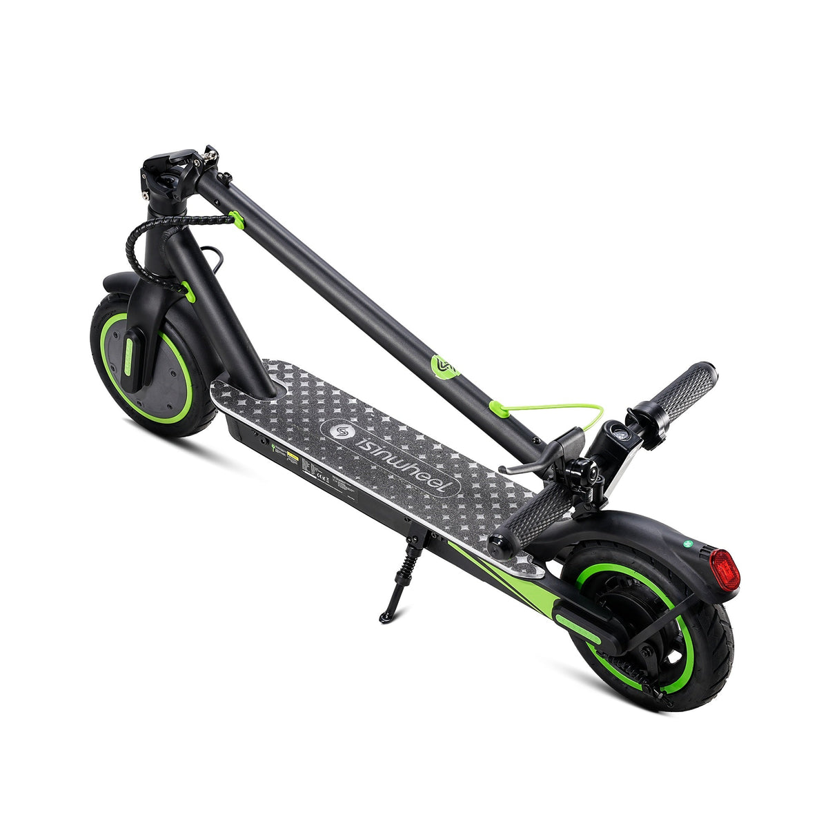 Folded isinwheel S9 Pro shown on its kickstand with the stem secured along the deck and the handlebar grips visible at the rear wheel end