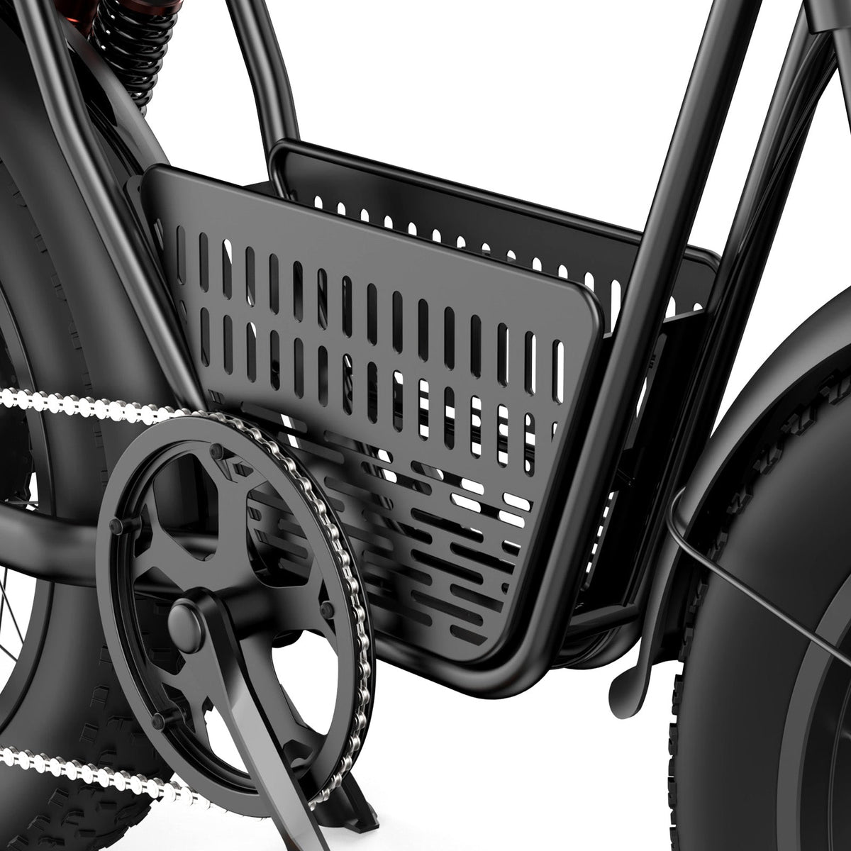 Close-up of the R6 Pro integrated center cargo basket between the tank shell and the chainstay, with the chain and crank arm visible