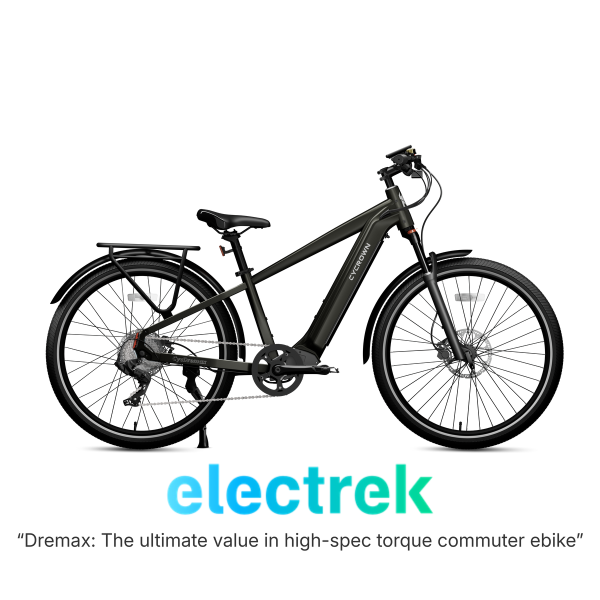 Graphite black Dremax step-over commuter e-bike shown in profile with rack and fenders.