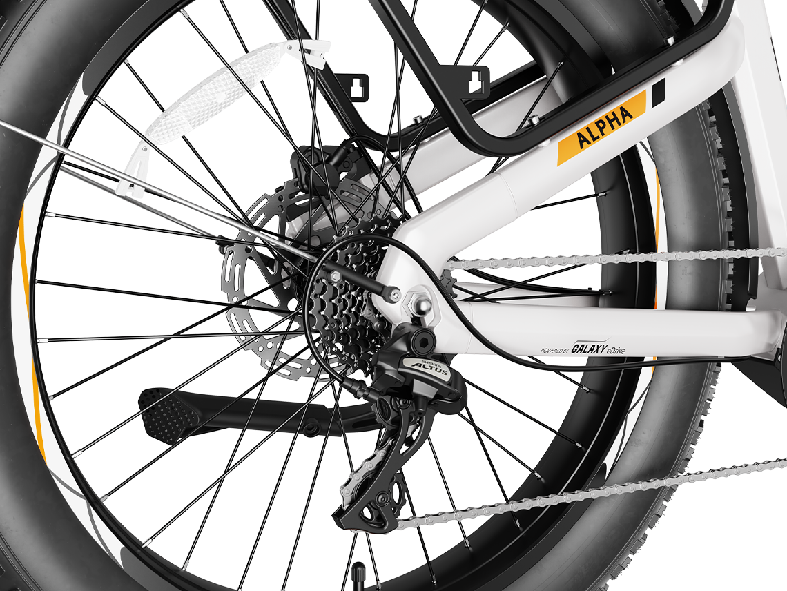 Heybike Alpha 500W mid-drive fat-tire all-terrain electric bike with a torque-plus-cadence sensor, Shimano Altus 8-speed drivetrain, hydraulic disc brakes, 26 by 4 inch fat tires, reinforced aluminum frame in step-through (Pearl White) or step-over (Galaxy Black) configuration, 680Wh battery, and UL 2849 certified electrical system