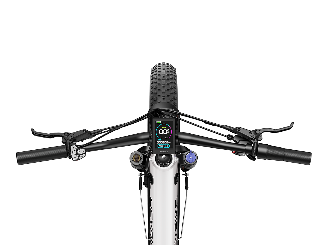 Heybike Alpha 500W mid-drive fat-tire all-terrain electric bike with a torque-plus-cadence sensor, Shimano Altus 8-speed drivetrain, hydraulic disc brakes, 26 by 4 inch fat tires, reinforced aluminum frame in step-through (Pearl White) or step-over (Galaxy Black) configuration, 680Wh battery, and UL 2849 certified electrical system