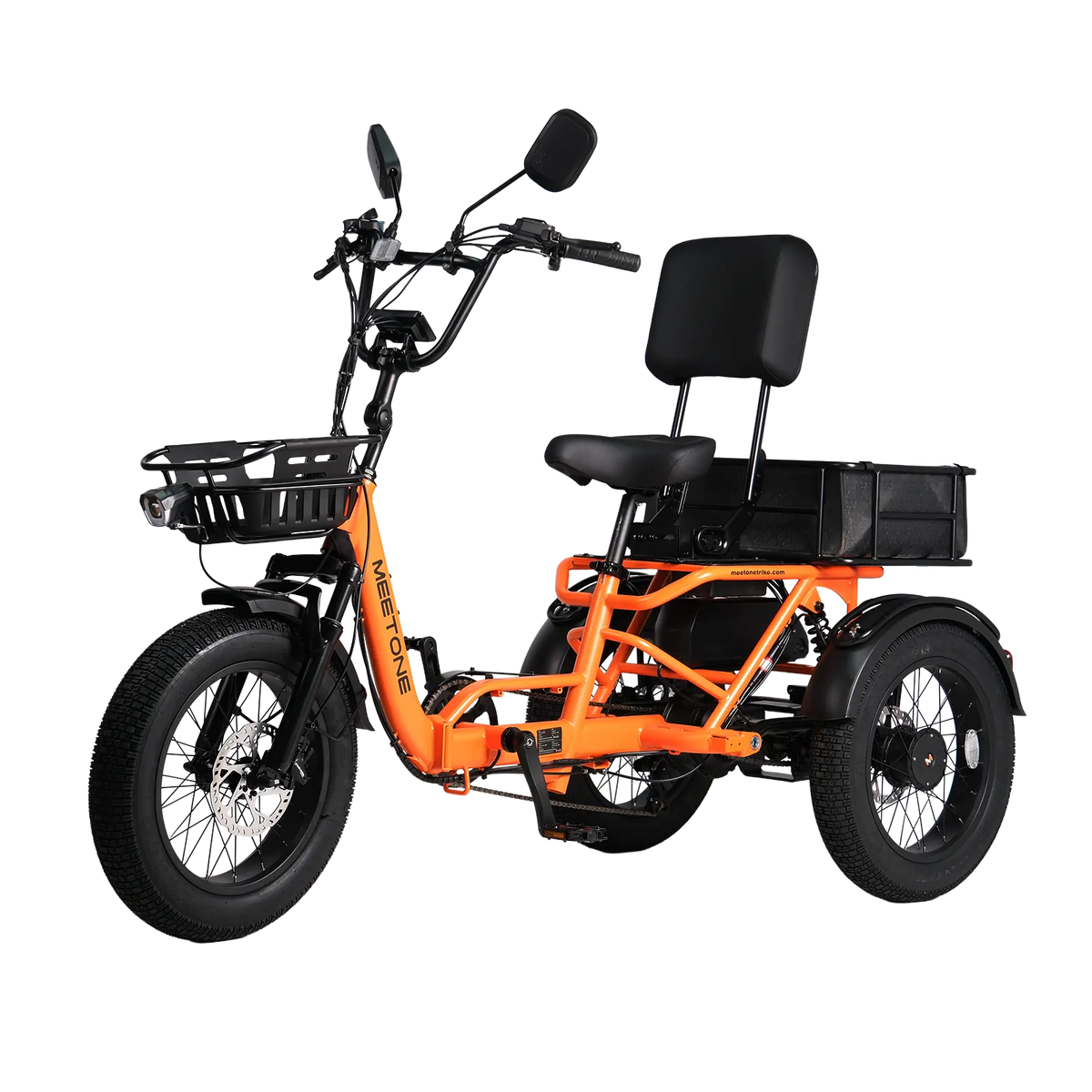 Orange Meet One Breeze Pro 2.0 rear three-quarter studio view with rear basket, wide rear stance, fat tires, and upright handlebar.