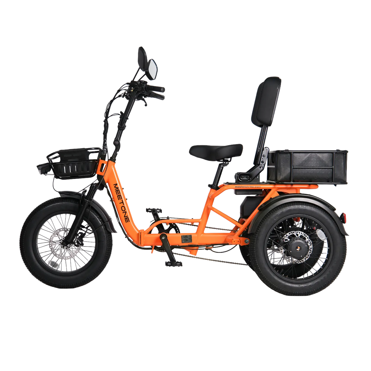 Orange Meet One Breeze Pro 2.0 side profile showing the folding step-thru frame, front basket, rear basket, backrest, and three fat tires.