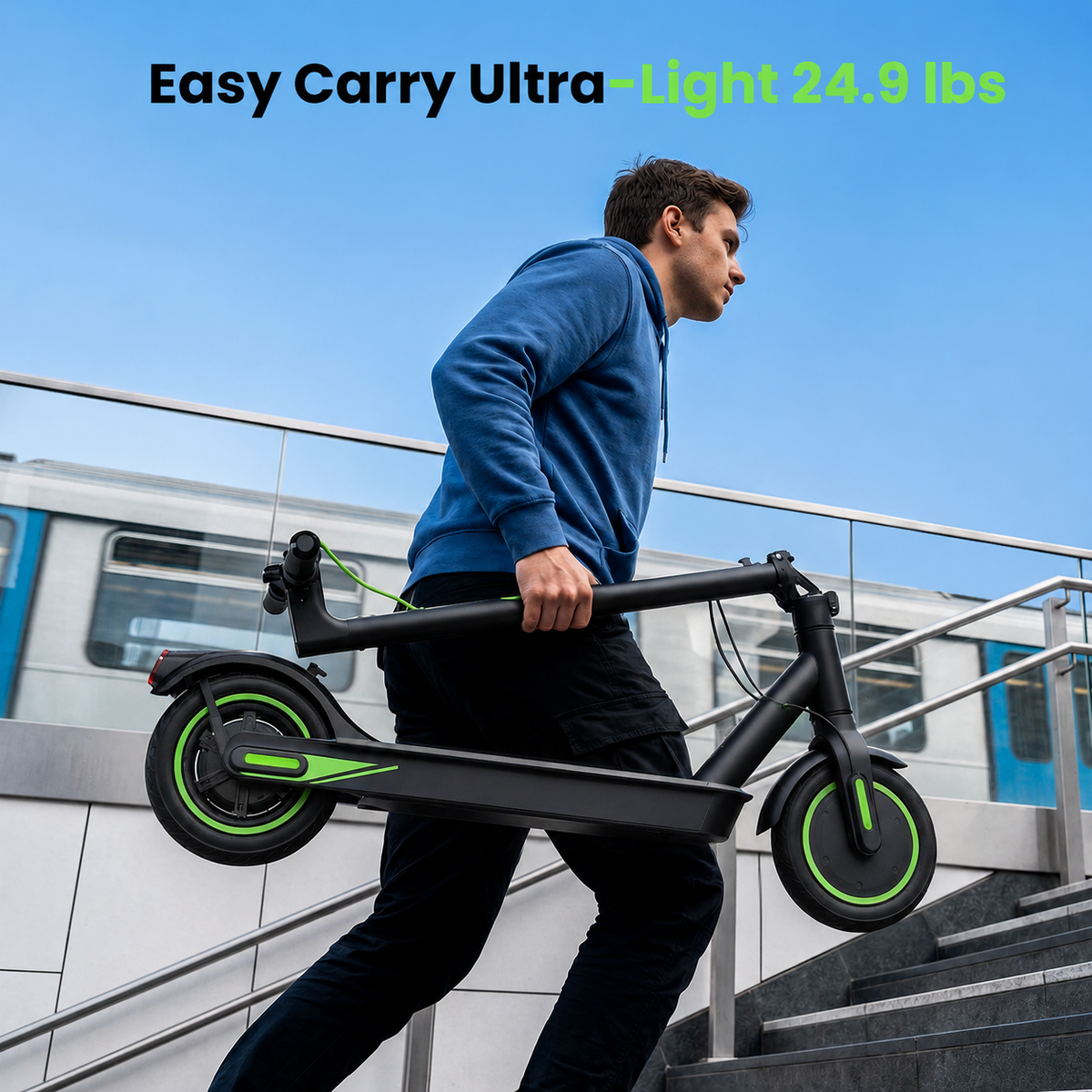 Rider carrying the folded isinwheel S9 Pro up subway stairs beside a passing train, with the isinwheel feature caption highlighting the lightweight design