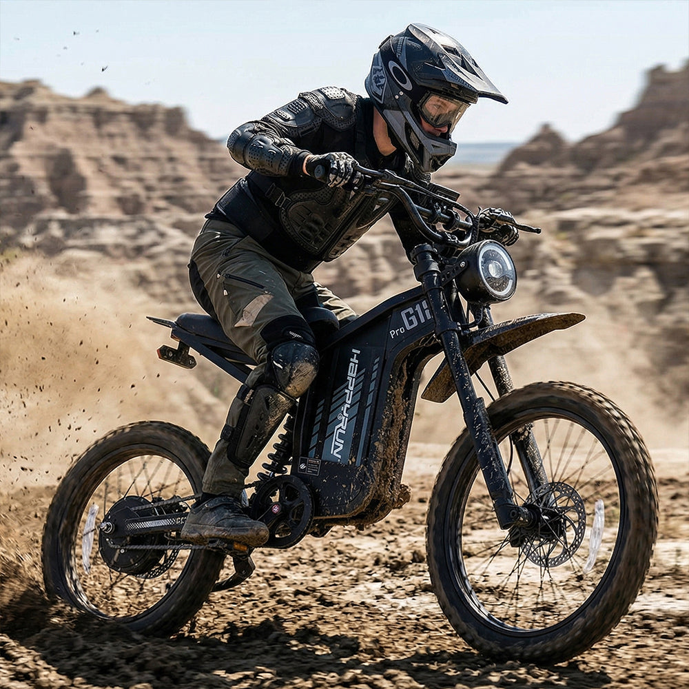 HappyRun G18 Pro Tank adult Tank-format off-road electric dirt bike: 4500W peak motor, 200 Nm torque, 38 mph top speed, 2100Wh battery, 19-inch front and 17-inch rear off-road tires (largest in HappyRun line), hydraulic disc brakes with 203mm rear rotor, carbon steel frame, 33-inch seat, 5'3" to 6'5" rider range, 350 lb max load