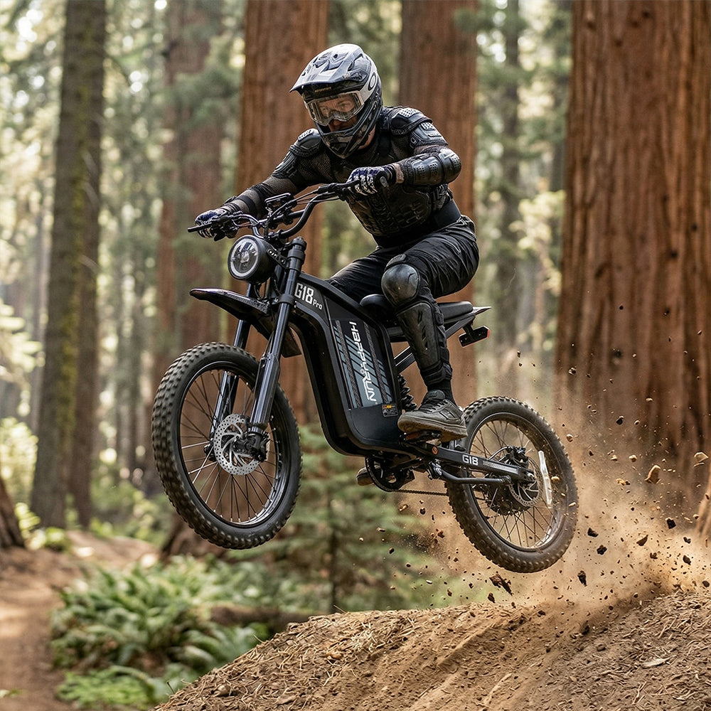 HappyRun G18 Pro Tank adult Tank-format off-road electric dirt bike: 4500W peak motor, 200 Nm torque, 38 mph top speed, 2100Wh battery, 19-inch front and 17-inch rear off-road tires (largest in HappyRun line), hydraulic disc brakes with 203mm rear rotor, carbon steel frame, 33-inch seat, 5'3" to 6'5" rider range, 350 lb max load