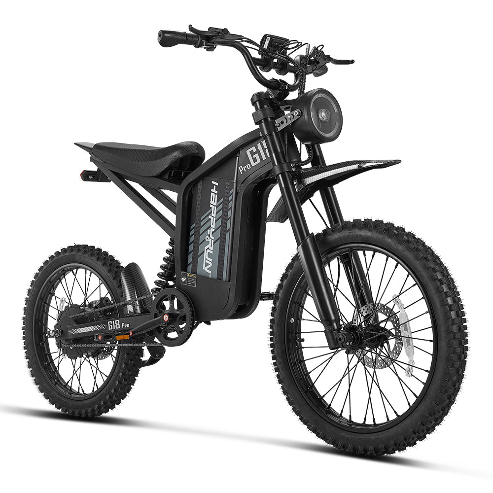 HappyRun G18 Pro Tank adult Tank-format off-road electric dirt bike: 4500W peak motor, 200 Nm torque, 38 mph top speed, 2100Wh battery, 19-inch front and 17-inch rear off-road tires (largest in HappyRun line), hydraulic disc brakes with 203mm rear rotor, carbon steel frame, 33-inch seat, 5'3" to 6'5" rider range, 350 lb max load