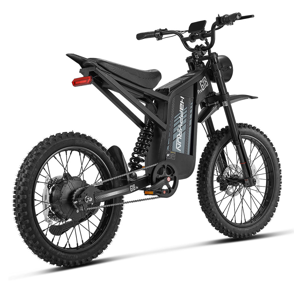 HappyRun G18 Pro Tank adult Tank-format off-road electric dirt bike: 4500W peak motor, 200 Nm torque, 38 mph top speed, 2100Wh battery, 19-inch front and 17-inch rear off-road tires (largest in HappyRun line), hydraulic disc brakes with 203mm rear rotor, carbon steel frame, 33-inch seat, 5'3" to 6'5" rider range, 350 lb max load